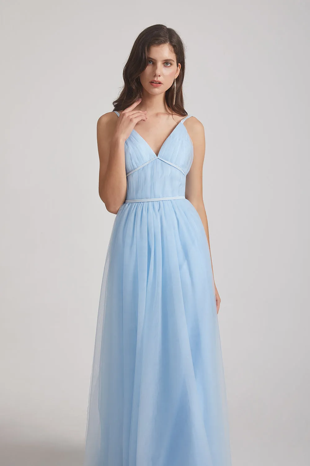 Backless Tulle V-Neck Spaghetti Straps A-Line Blue Bridesmaid Dresses (AF0042)