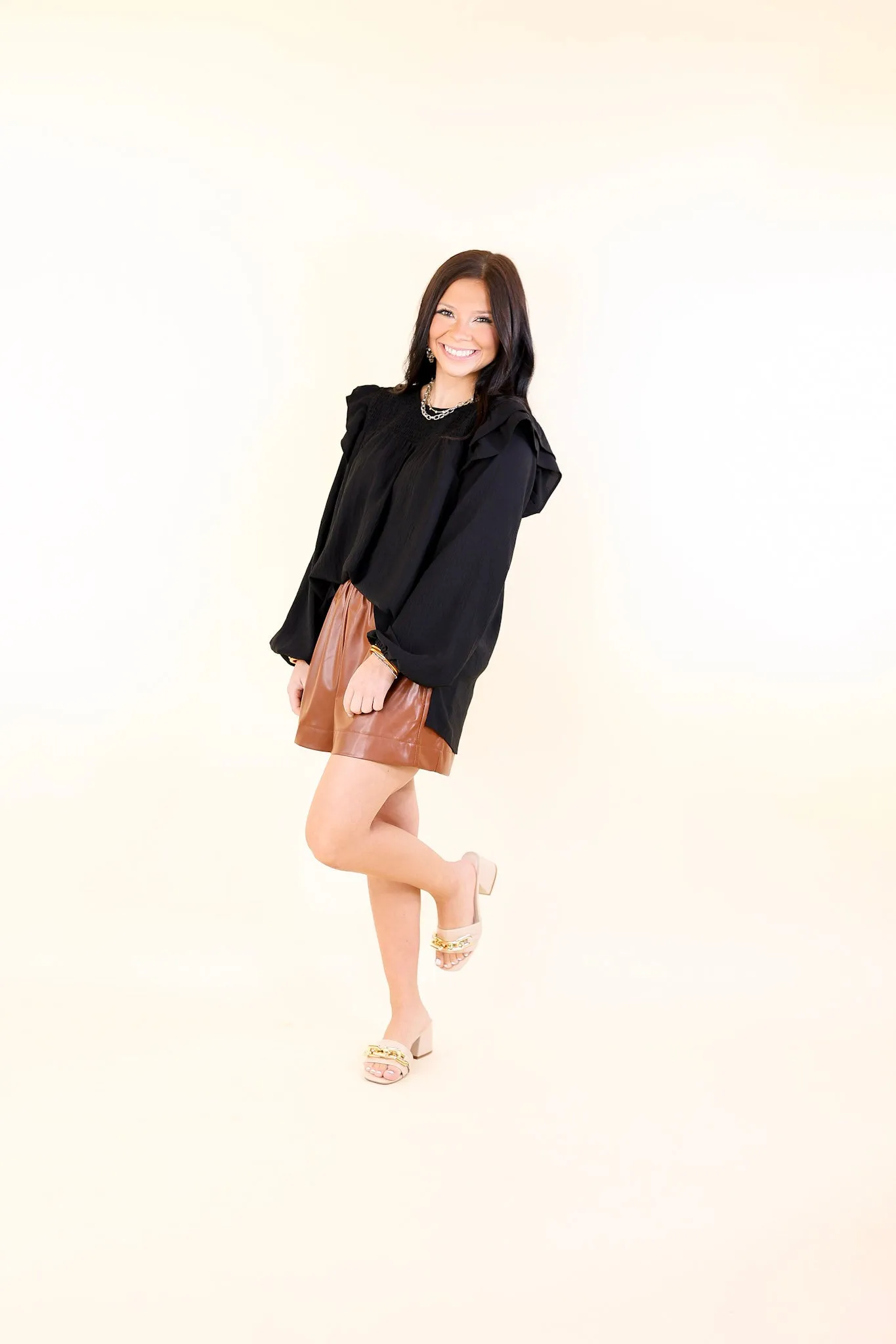 Balcony Nights Ruffle Shoulder Long Sleeve Blouse in Black