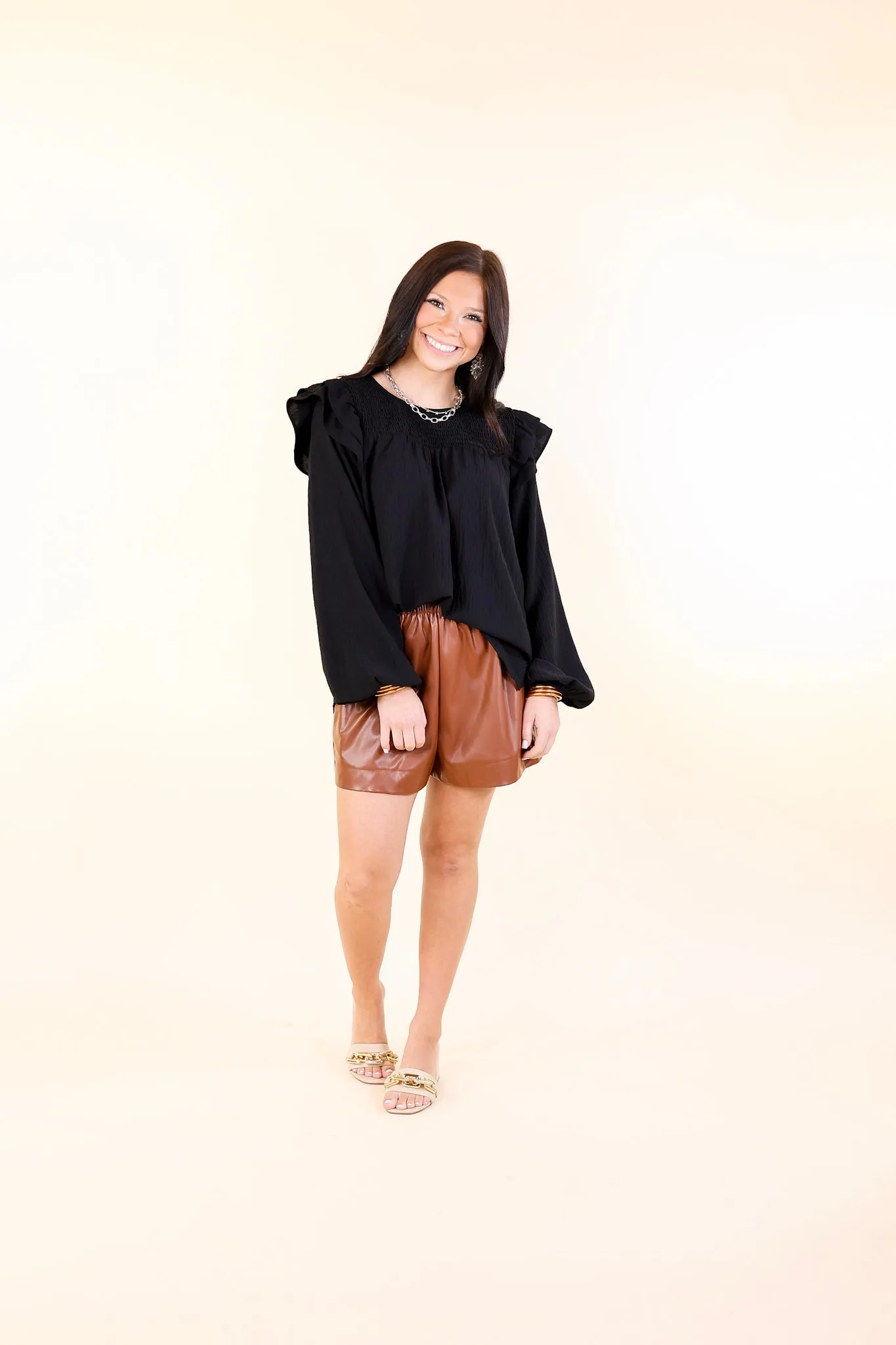 Balcony Nights Ruffle Shoulder Long Sleeve Blouse in Black