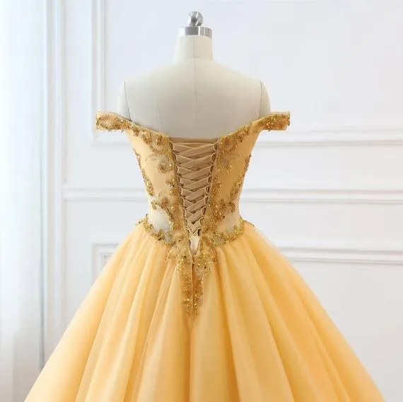 Ball Gown Vintage Prom Dress Plus Size Off The Shoulder Gold Prom Dress #ER282