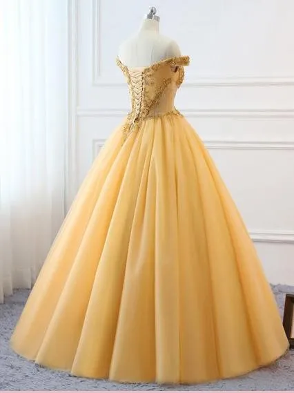 Ball Gown Vintage Prom Dress Plus Size Off The Shoulder Gold Prom Dress #ER282