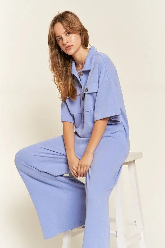 Basic Collar Shirt Wide leg Jumpsuit