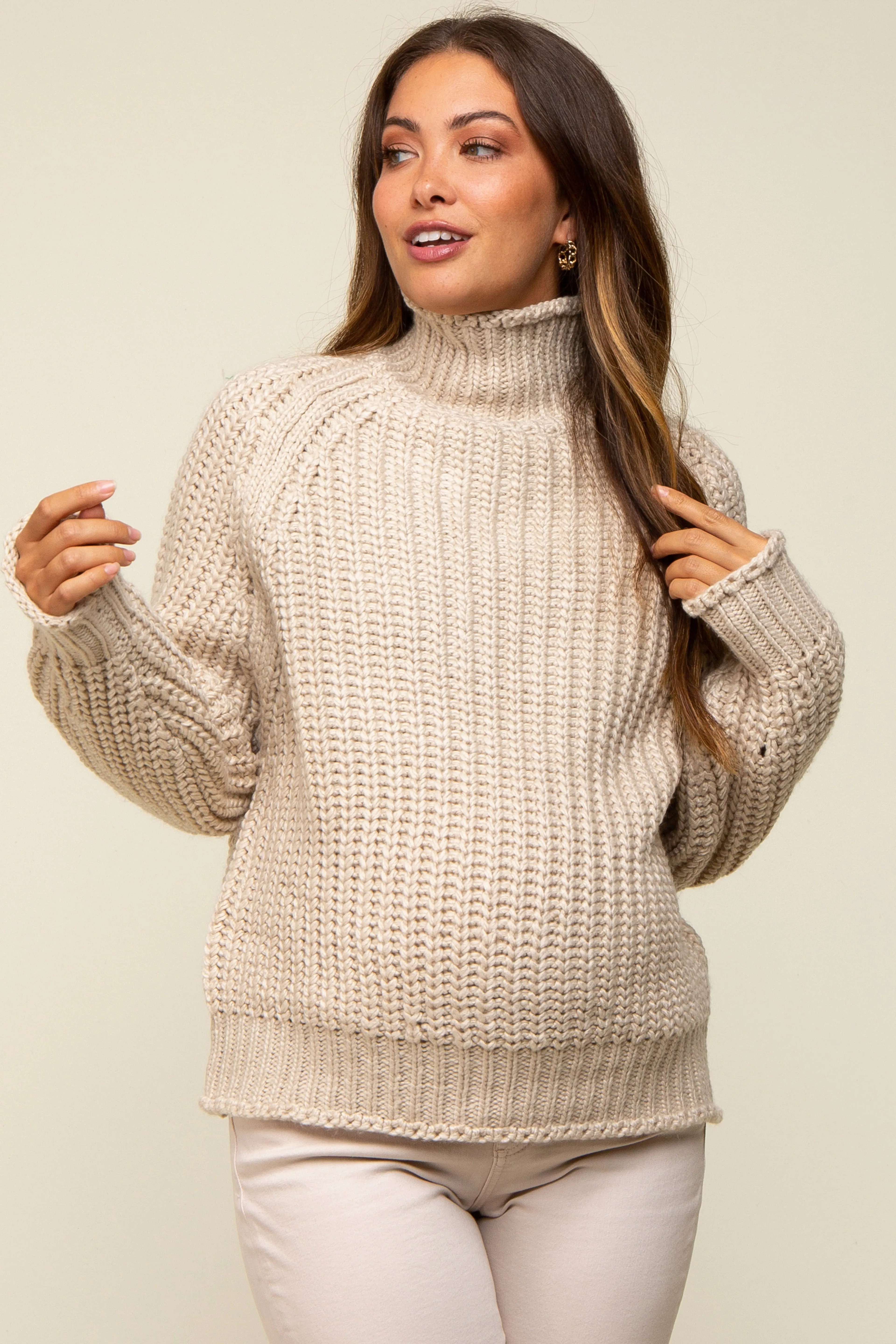 Beige Chunky Knit Mock Neck Maternity Sweater