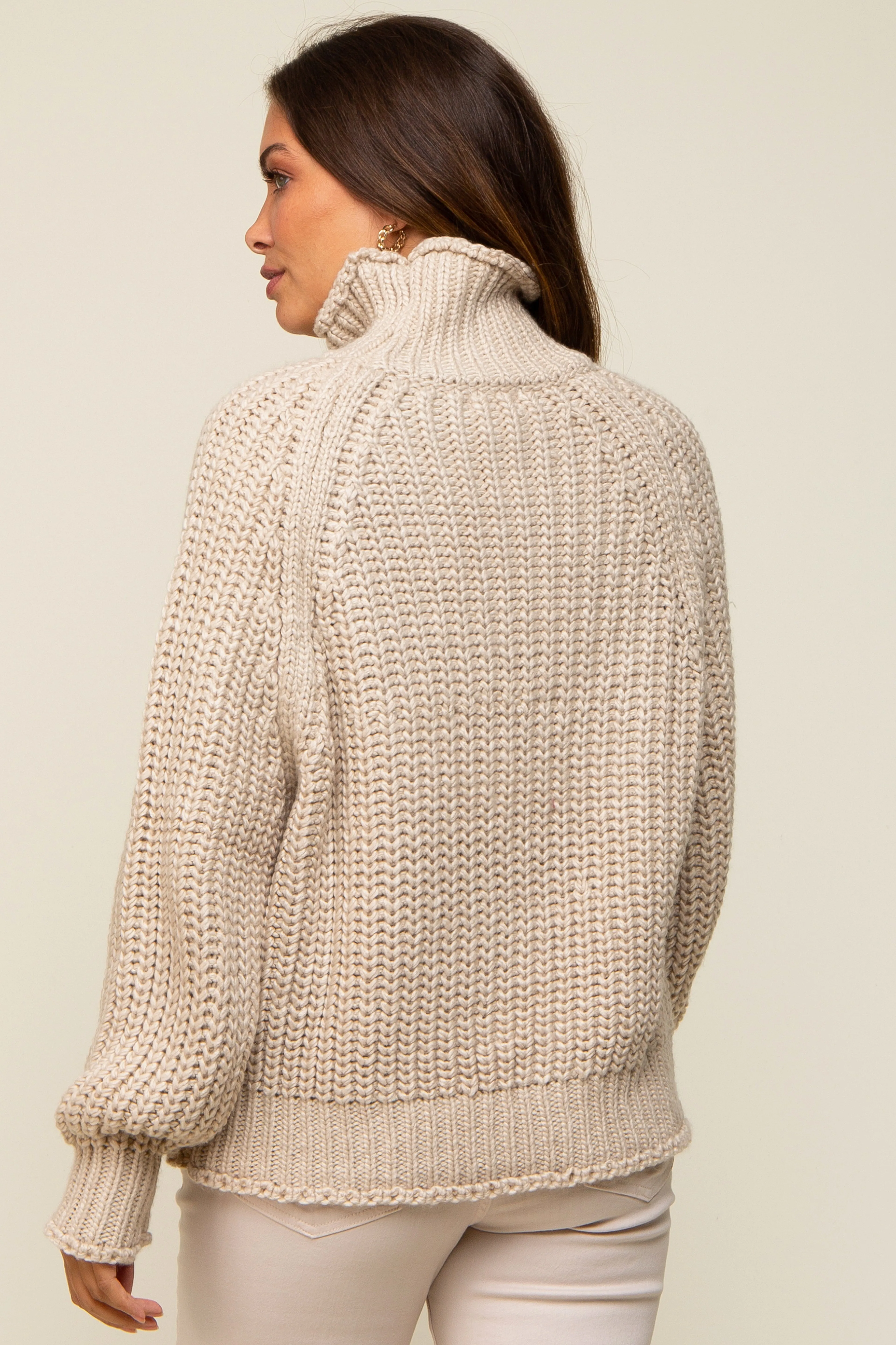 Beige Chunky Knit Mock Neck Maternity Sweater