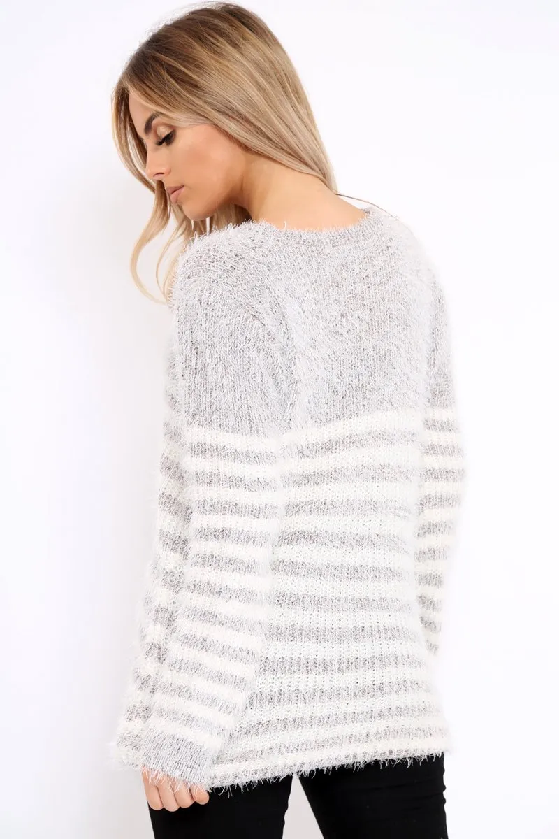 Beige Fur Knit Stripe Jumper - Sicily