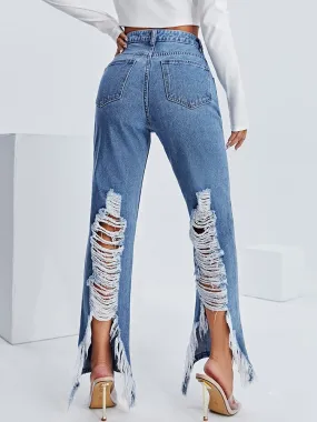 BerriesJam - 2024 Y2k Hole Washed High Waist Cotton Ripped Jeans