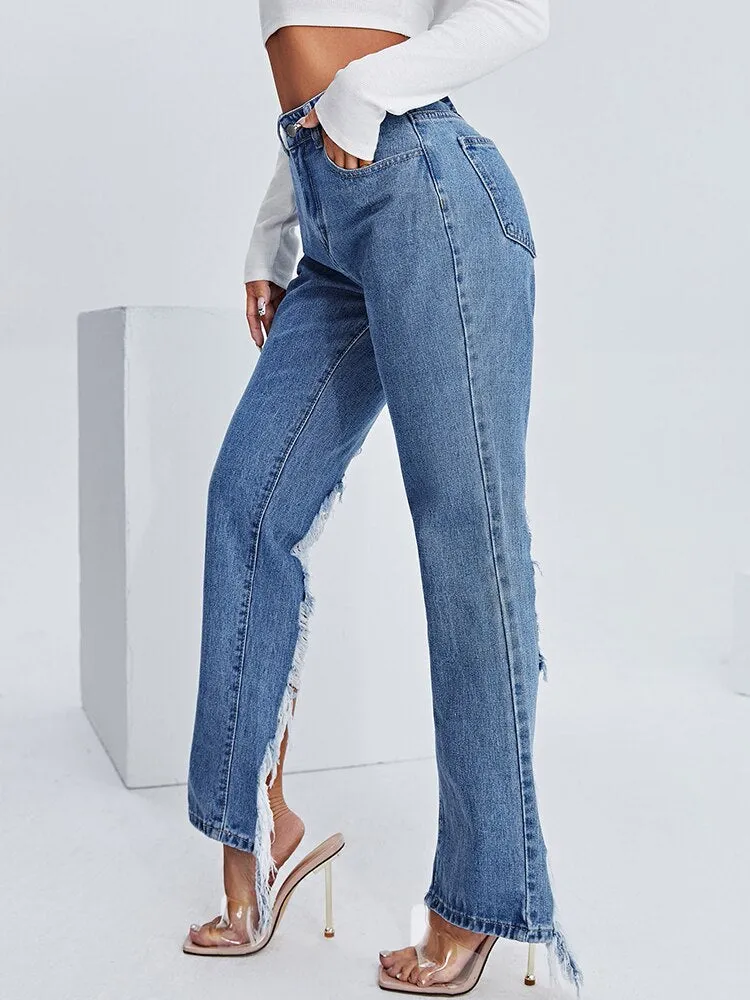 BerriesJam - 2024 Y2k Hole Washed High Waist Cotton Ripped Jeans