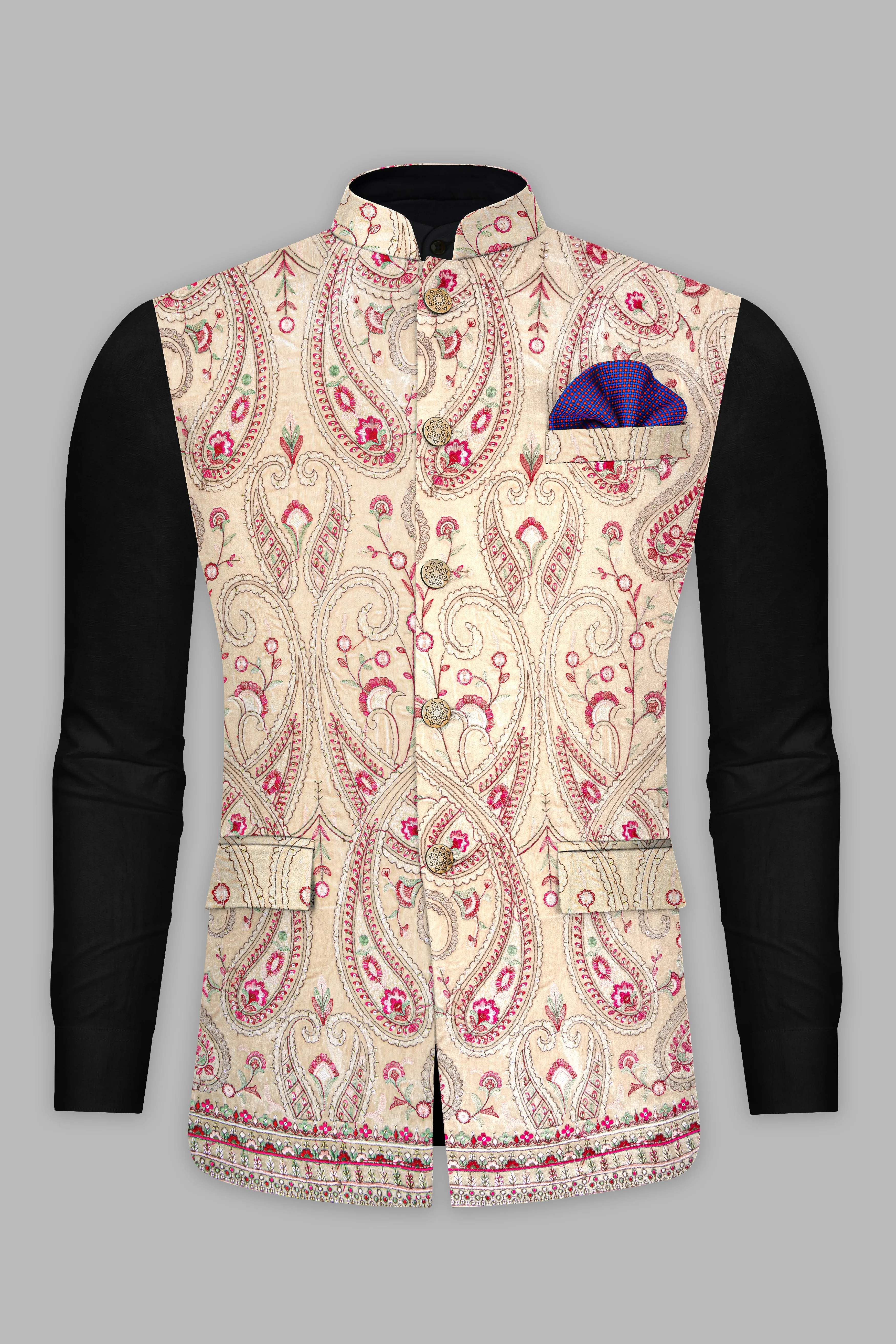 Bisque Brown and Cardinal Pink Floral Thread Embroidered Nehru Jacket