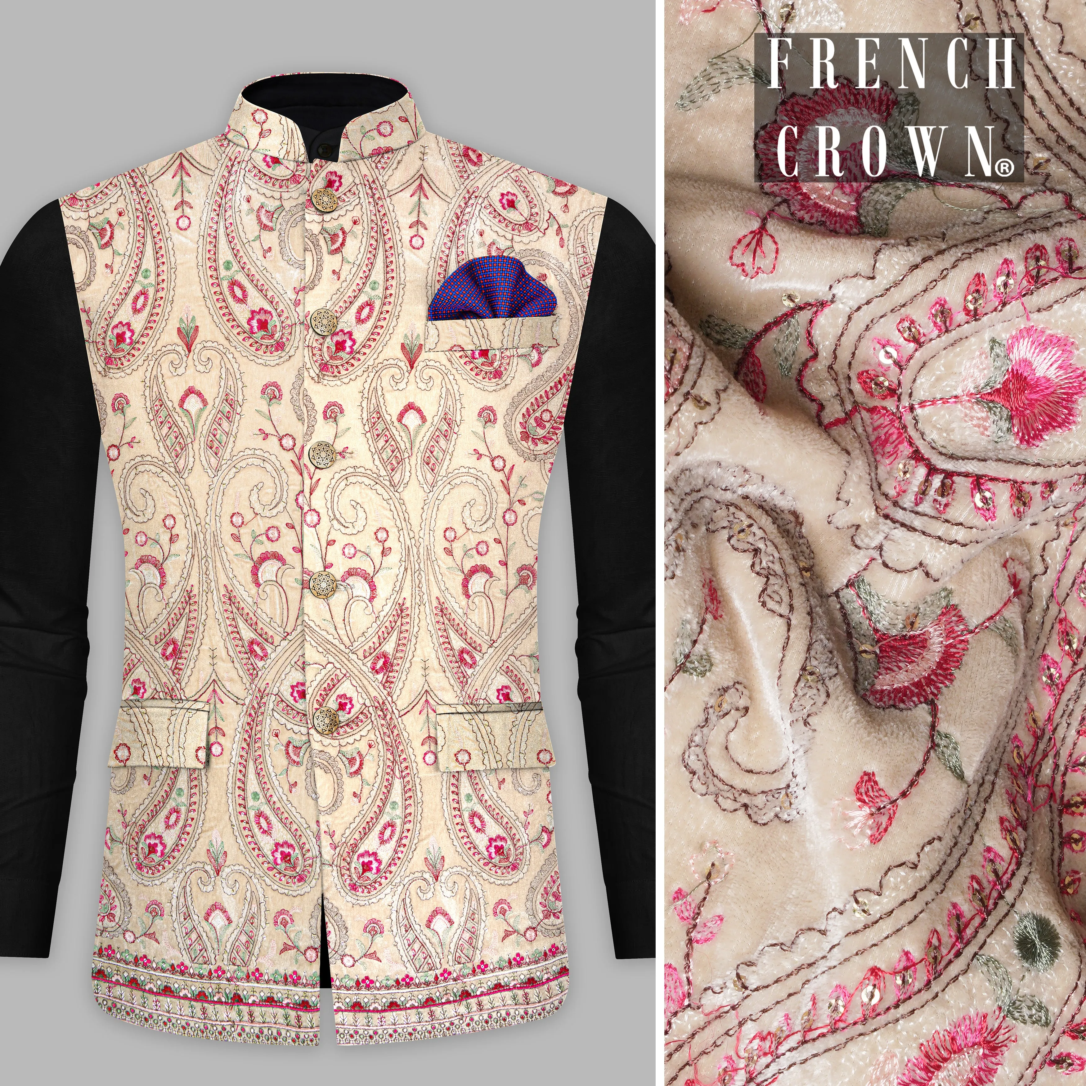 Bisque Brown and Cardinal Pink Floral Thread Embroidered Nehru Jacket