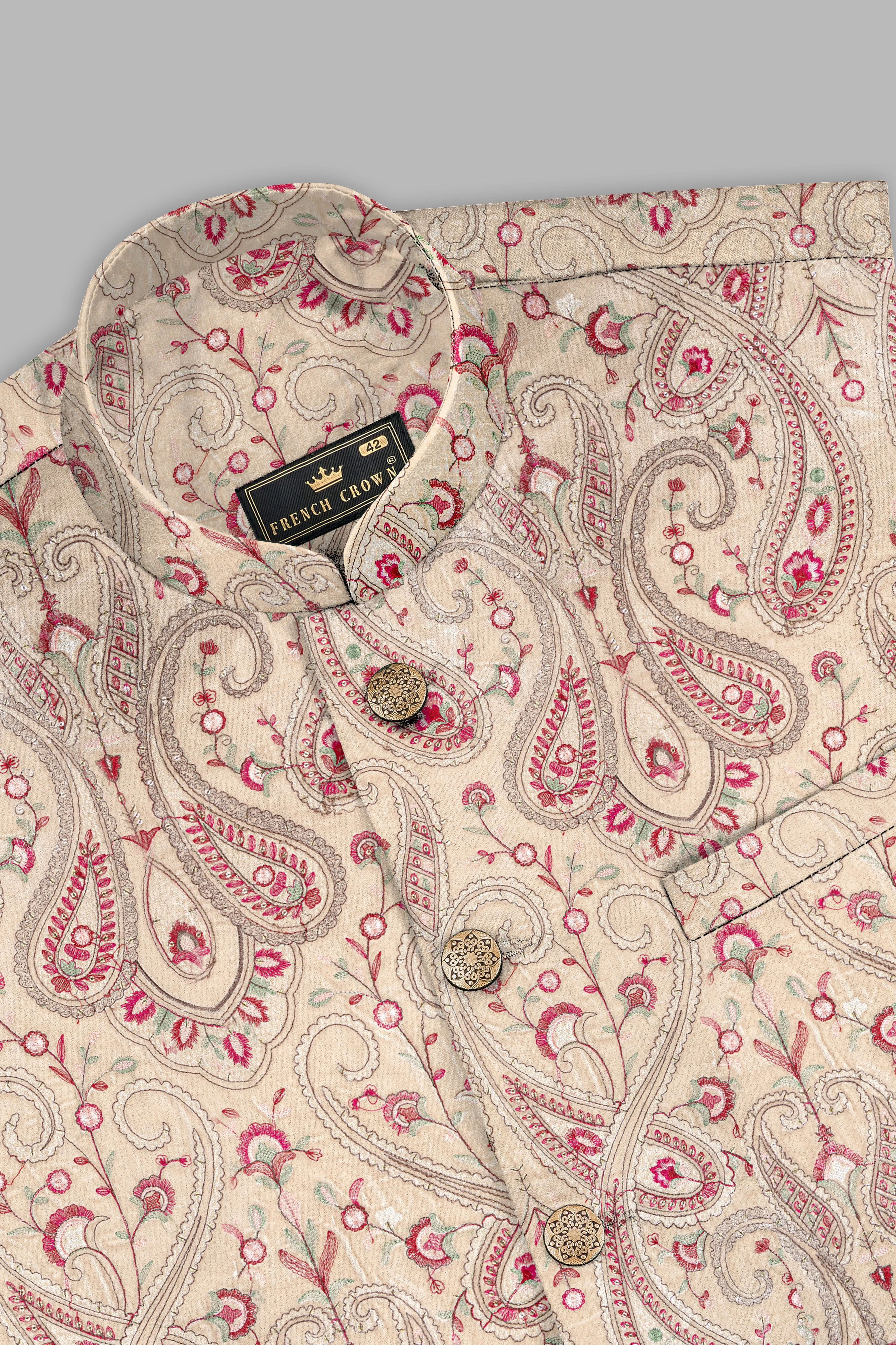 Bisque Brown and Cardinal Pink Floral Thread Embroidered Nehru Jacket