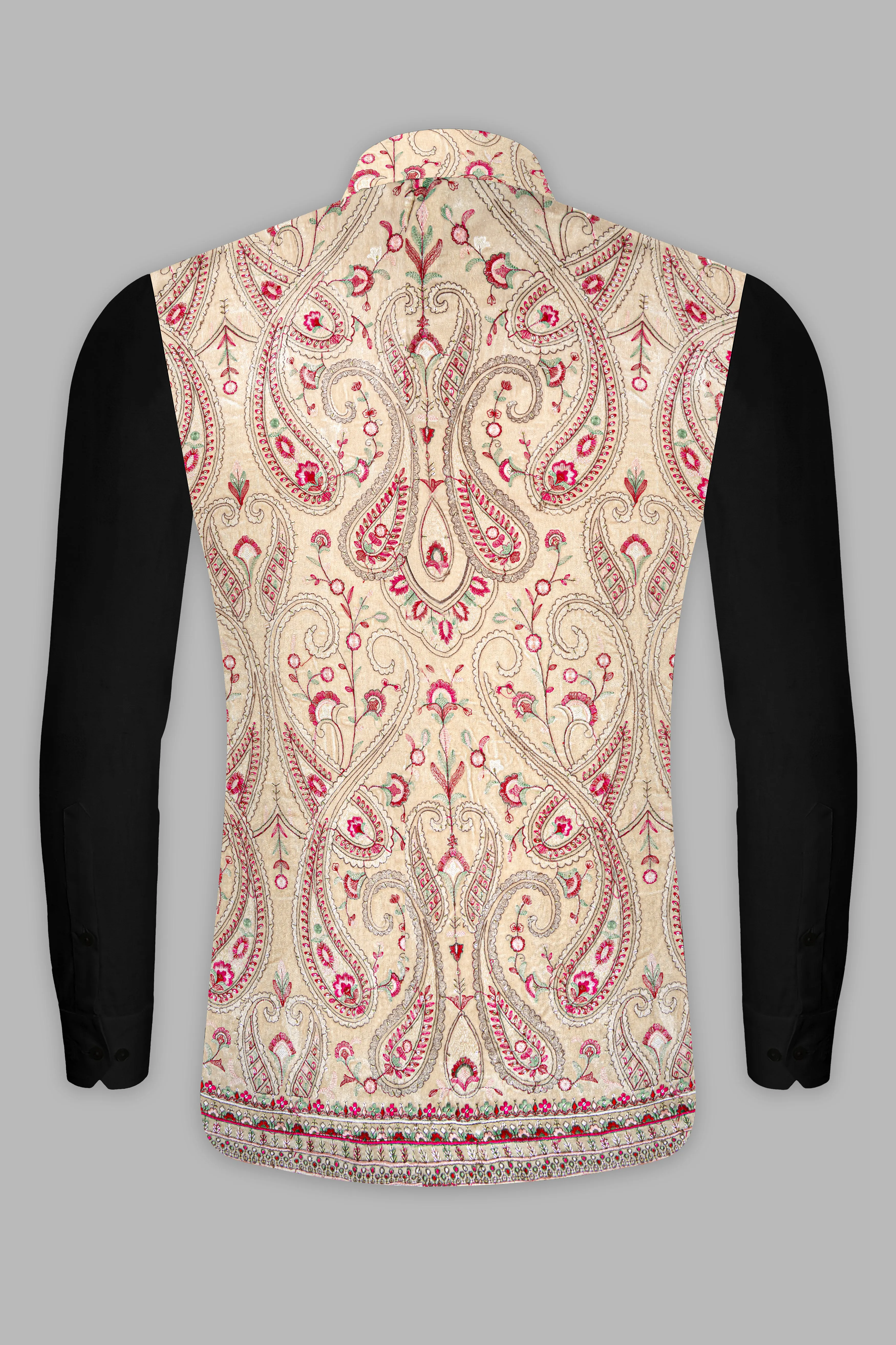 Bisque Brown and Cardinal Pink Floral Thread Embroidered Nehru Jacket