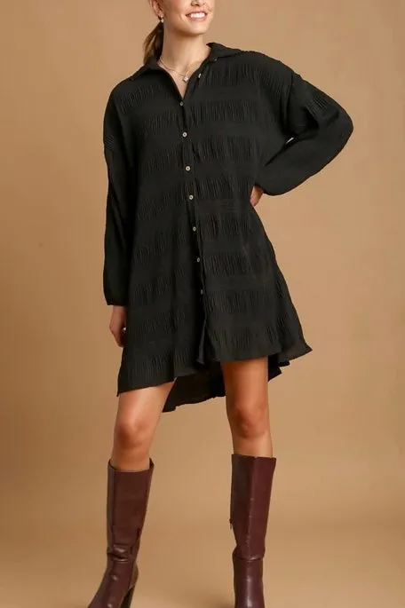 Black Crinkle Shirt Dress