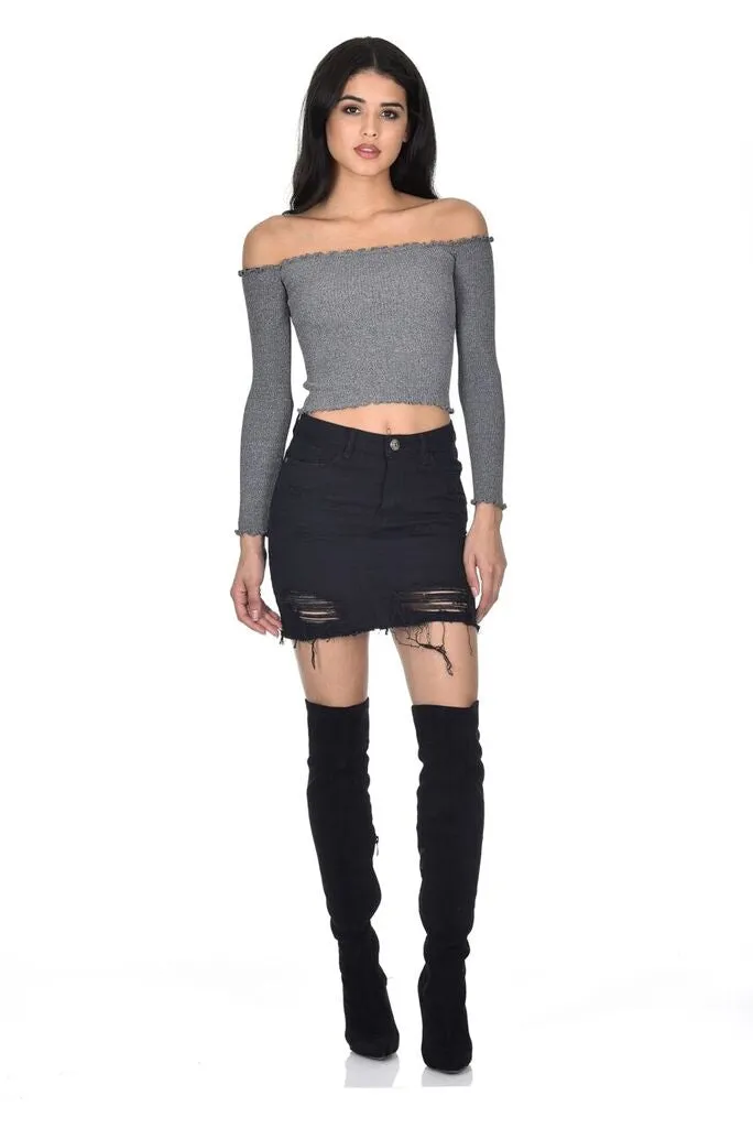 Black Denim Ripped Mini Skirt