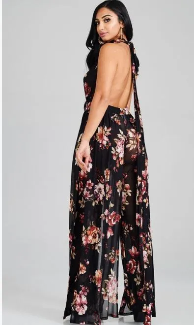 Black Floral Mesh Halter Tie Back Jumpsuit