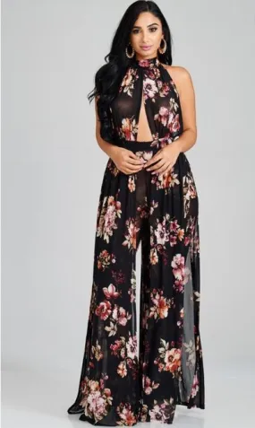 Black Floral Mesh Halter Tie Back Jumpsuit