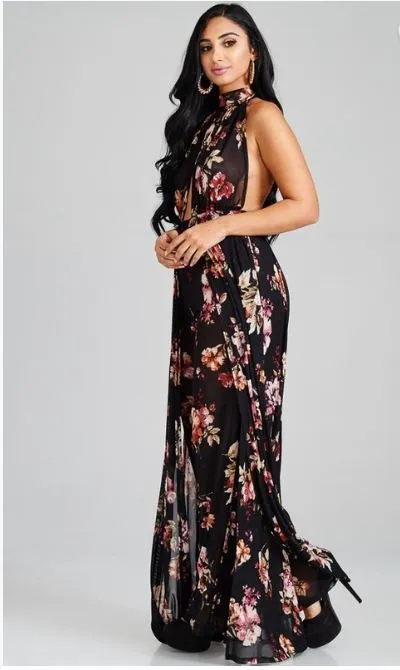 Black Floral Mesh Halter Tie Back Jumpsuit