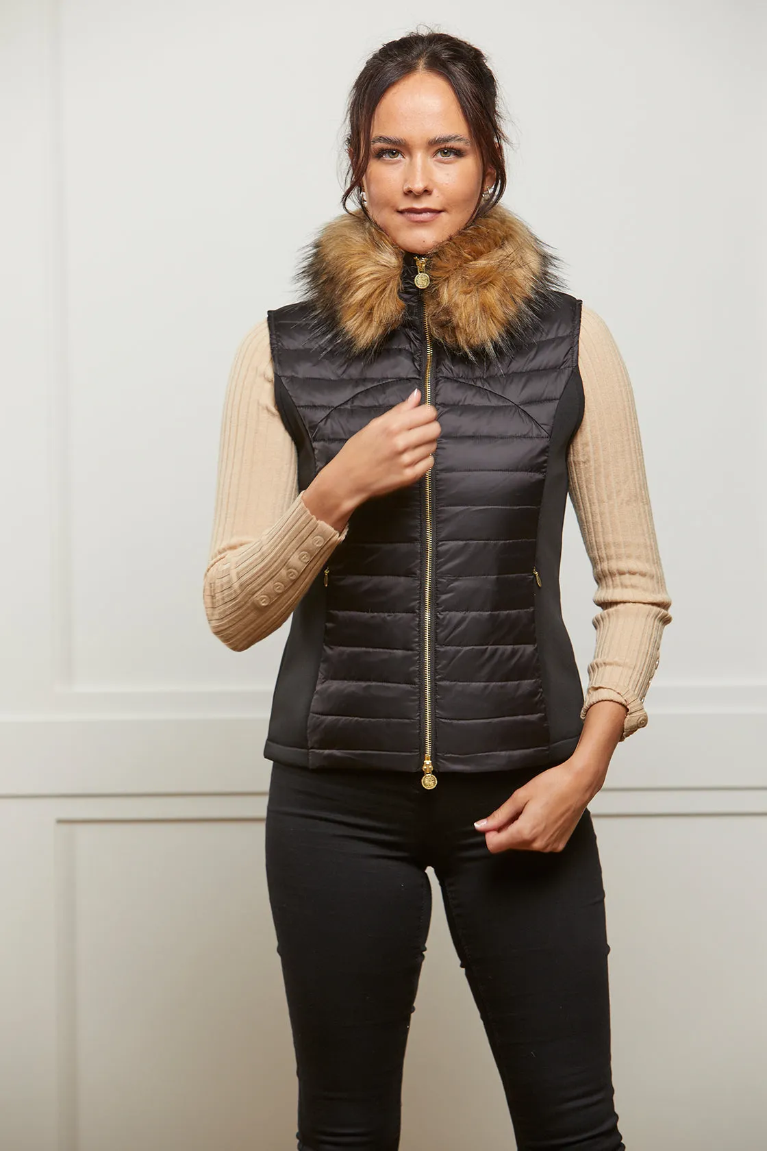 Black Puffer Gilet - Luxe Faux Fur Collar - 60% OFF