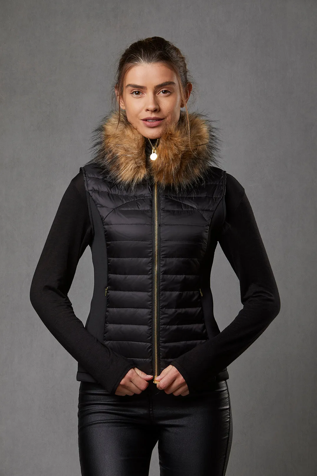 Black Puffer Gilet - Luxe Faux Fur Collar - 60% OFF