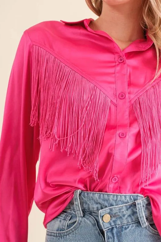 Blue B | Satin Shirt Blouse with Chevron Fringe