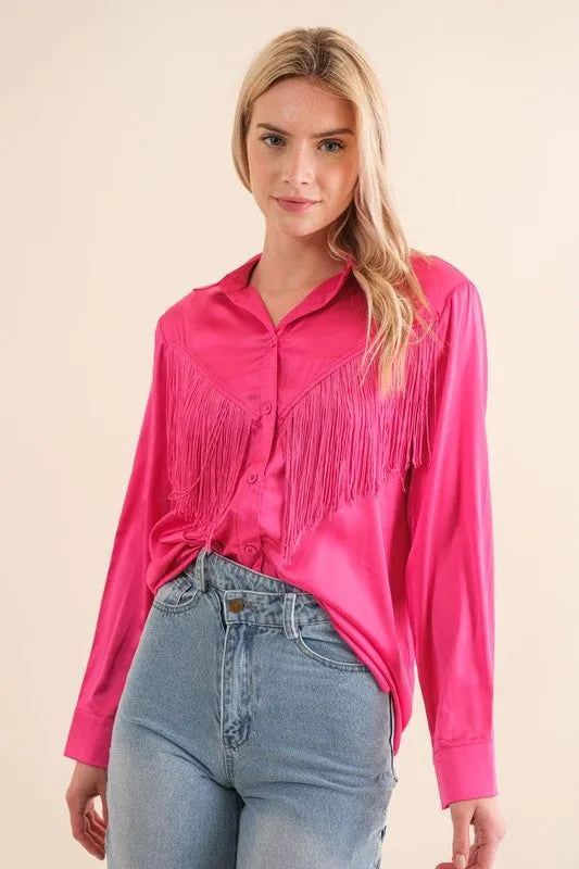 Blue B | Satin Shirt Blouse with Chevron Fringe