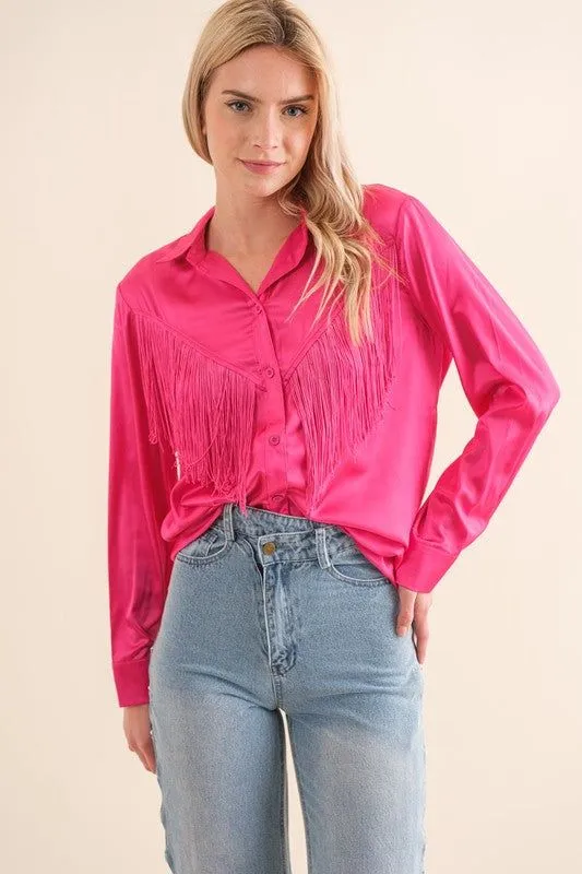 Blue B | Satin Shirt Blouse with Chevron Fringe