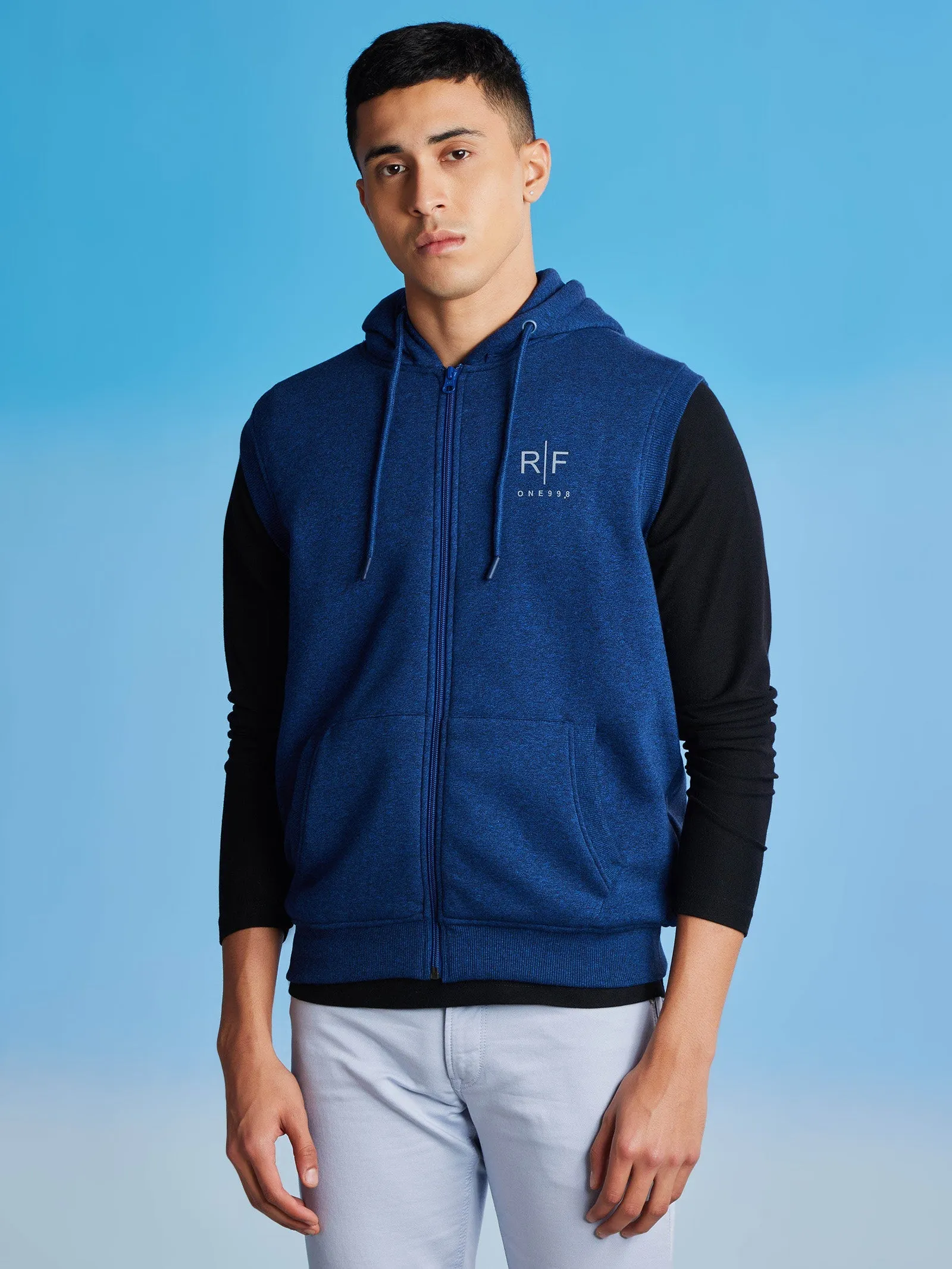 Blue Fleece Sleeve Less Hooded Sweatshirt