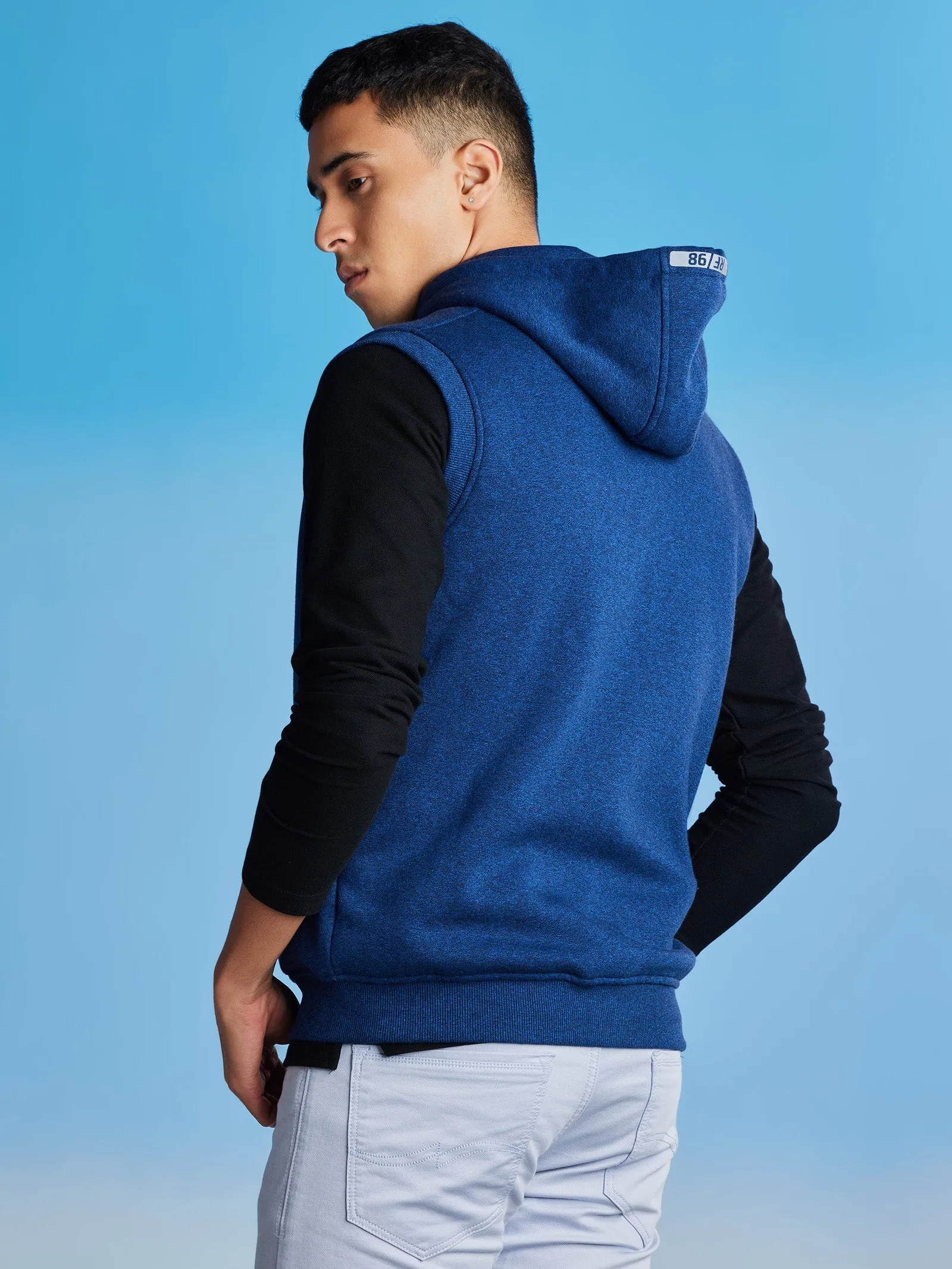 Blue Fleece Sleeve Less Hooded Sweatshirt