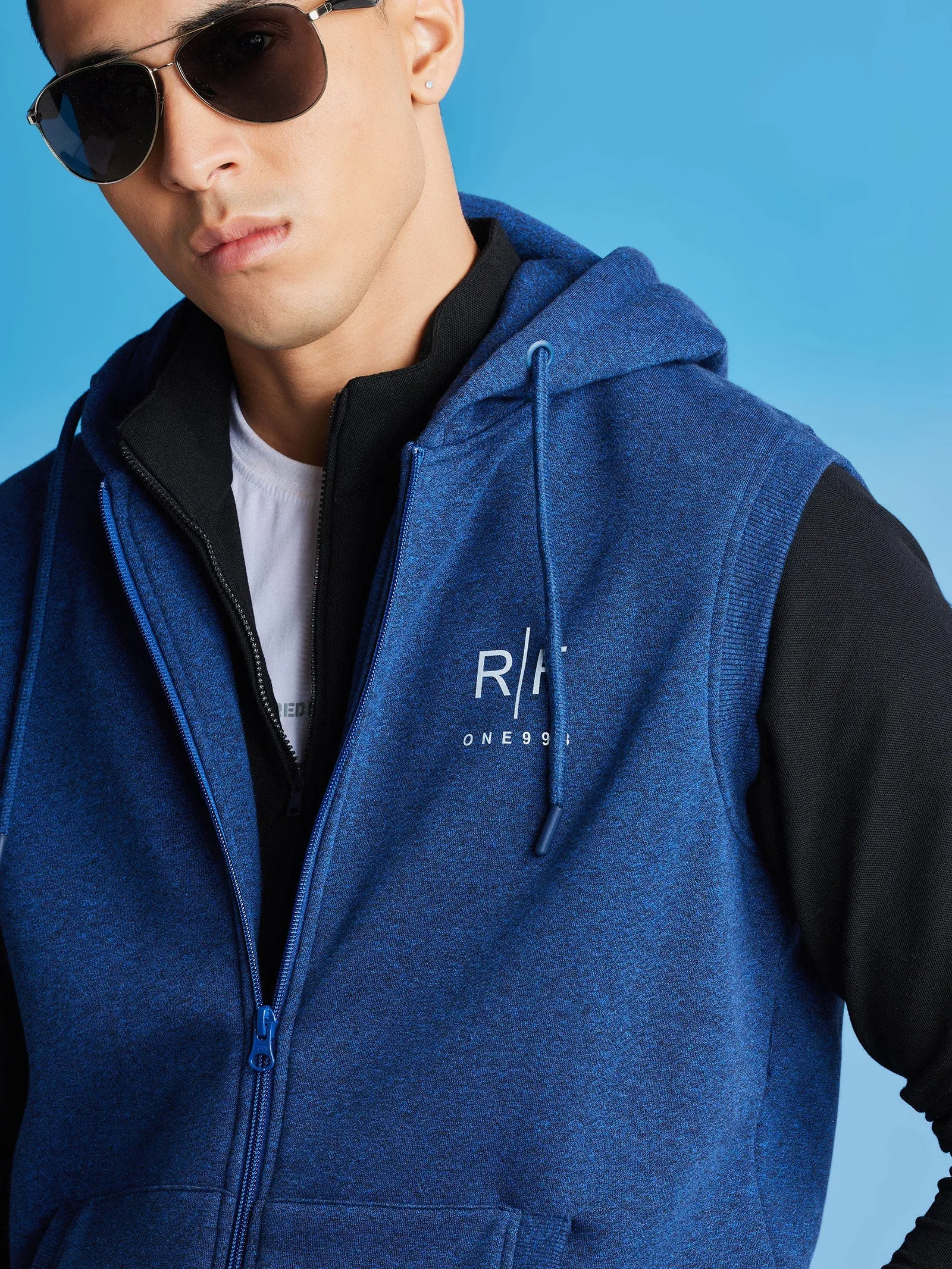 Blue Fleece Sleeve Less Hooded Sweatshirt