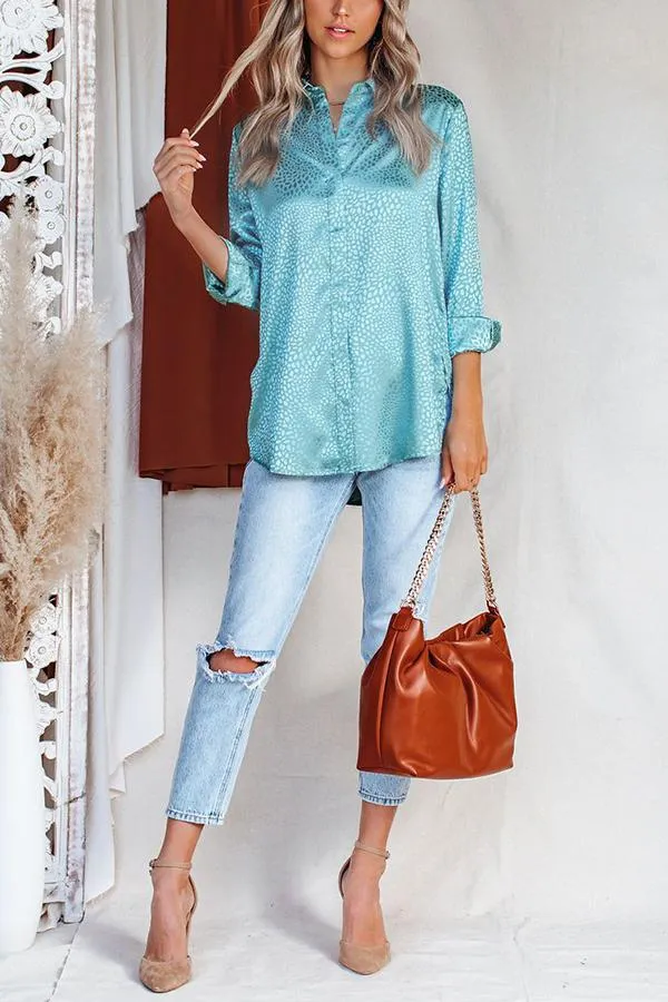 Blue Moon Satin Embossed Button Down Blouse