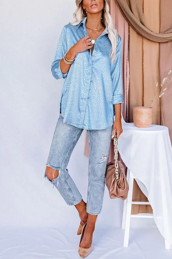 Blue Moon Satin Embossed Button Down Blouse