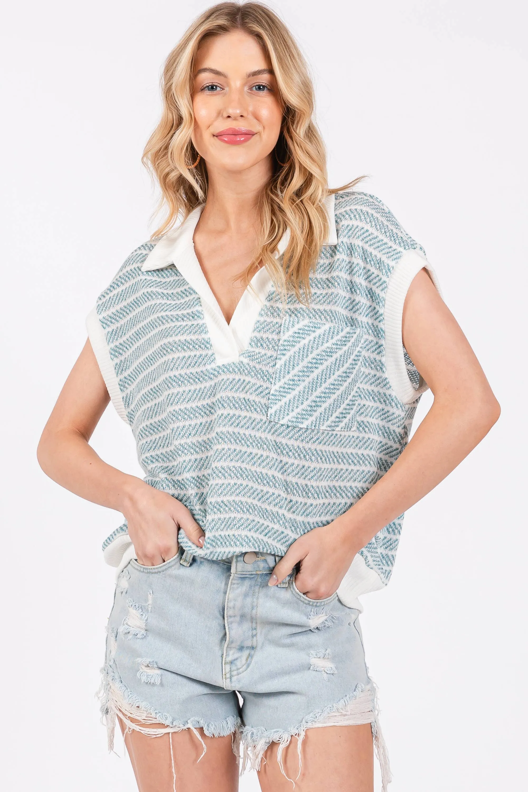 BLUE STRIPED KNIT V-NECK SHORT SLEEVE TOP