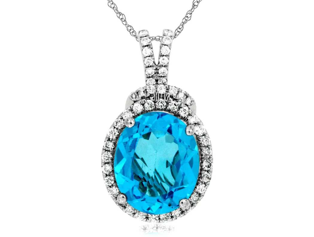 Blue Topaz and Diamond Halo Pendant