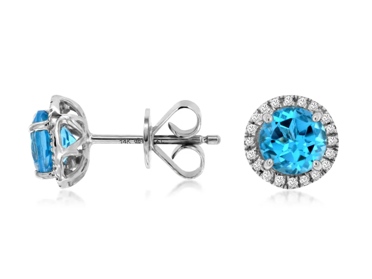 Blue Topaz and Diamond Halo Stud Earrings