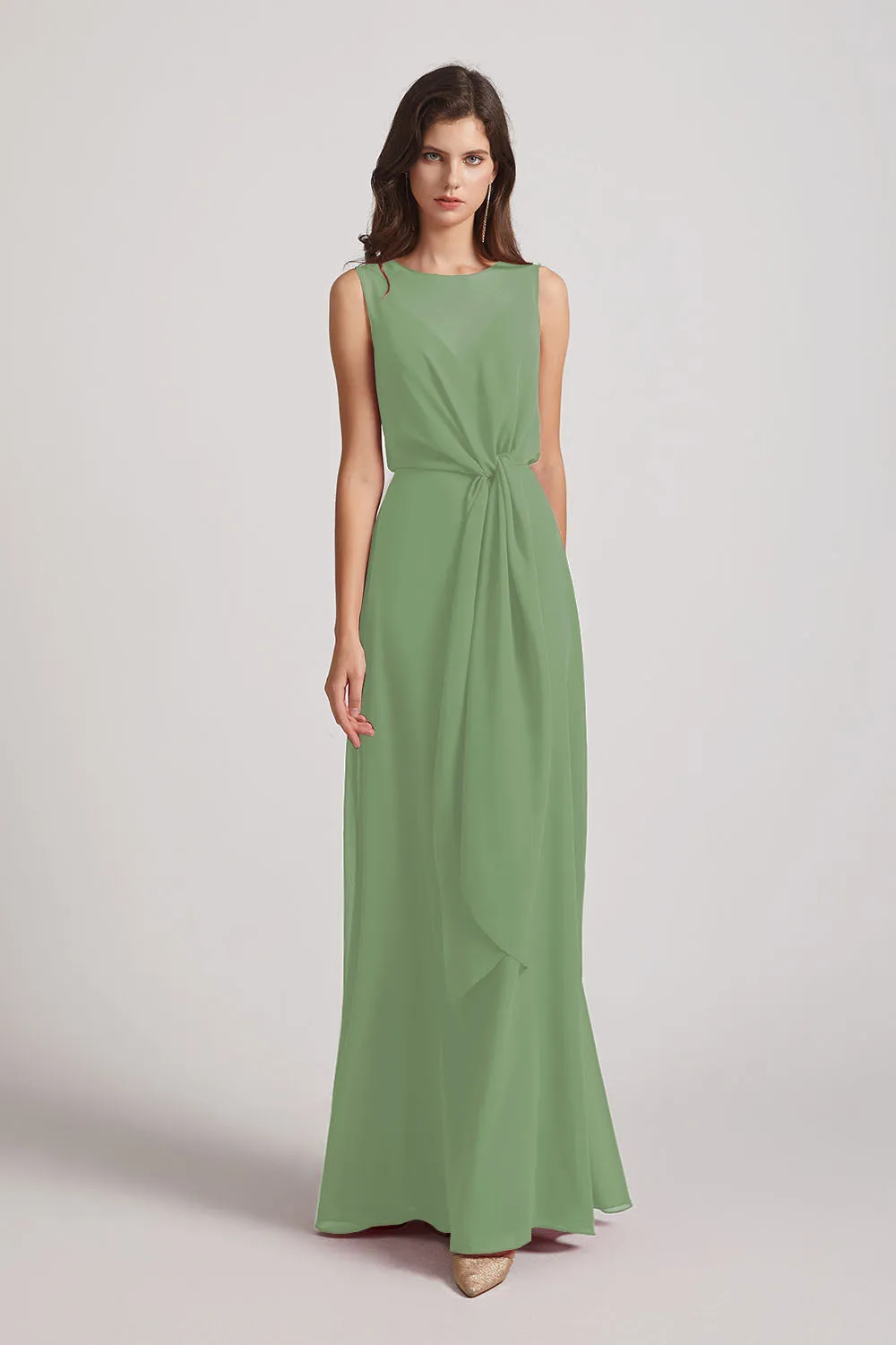 Boat Neckline Bridesmaid Dresses with Waist Tie and Back Keyhole (AF0089)