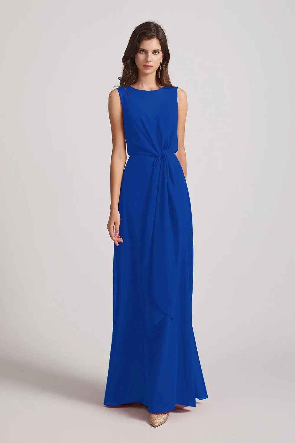 Boat Neckline Bridesmaid Dresses with Waist Tie and Back Keyhole (AF0089)