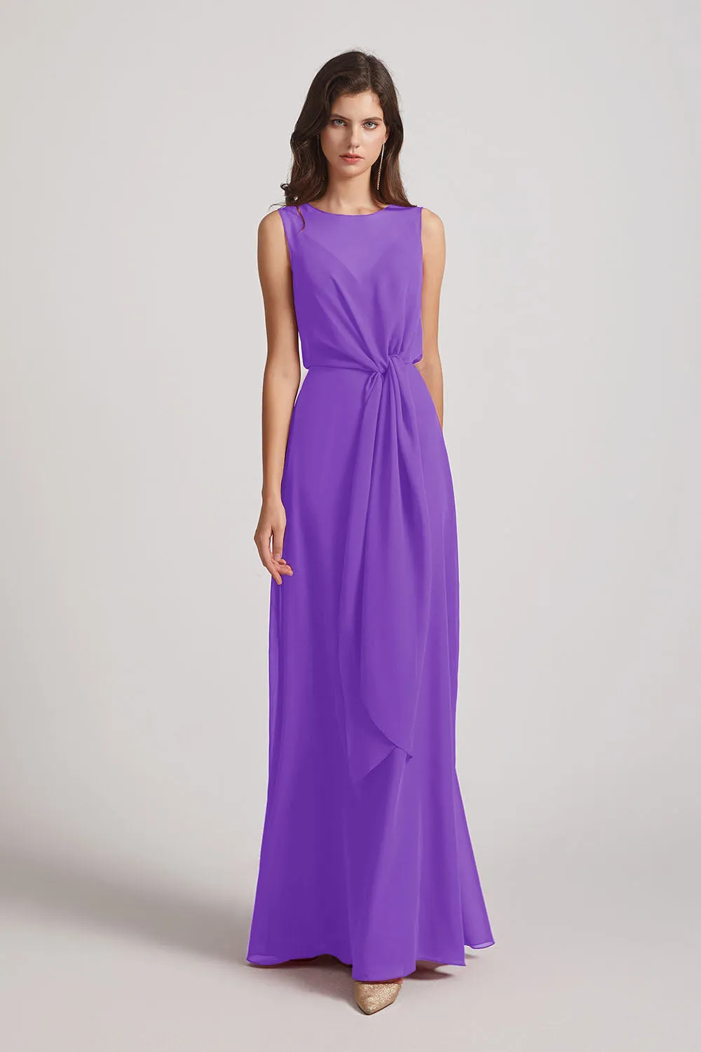 Boat Neckline Bridesmaid Dresses with Waist Tie and Back Keyhole (AF0089)