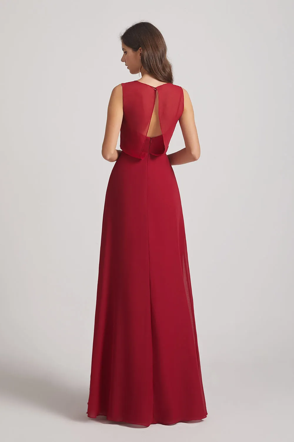 Boat Neckline Bridesmaid Dresses with Waist Tie and Back Keyhole (AF0089)