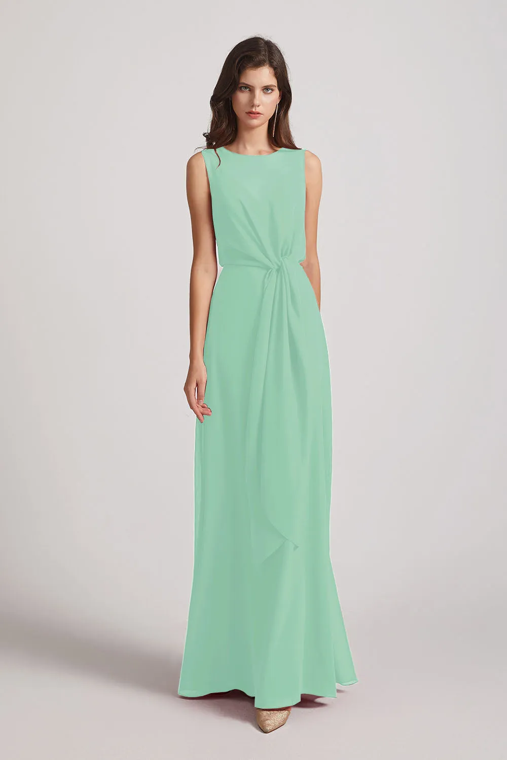 Boat Neckline Bridesmaid Dresses with Waist Tie and Back Keyhole (AF0089)