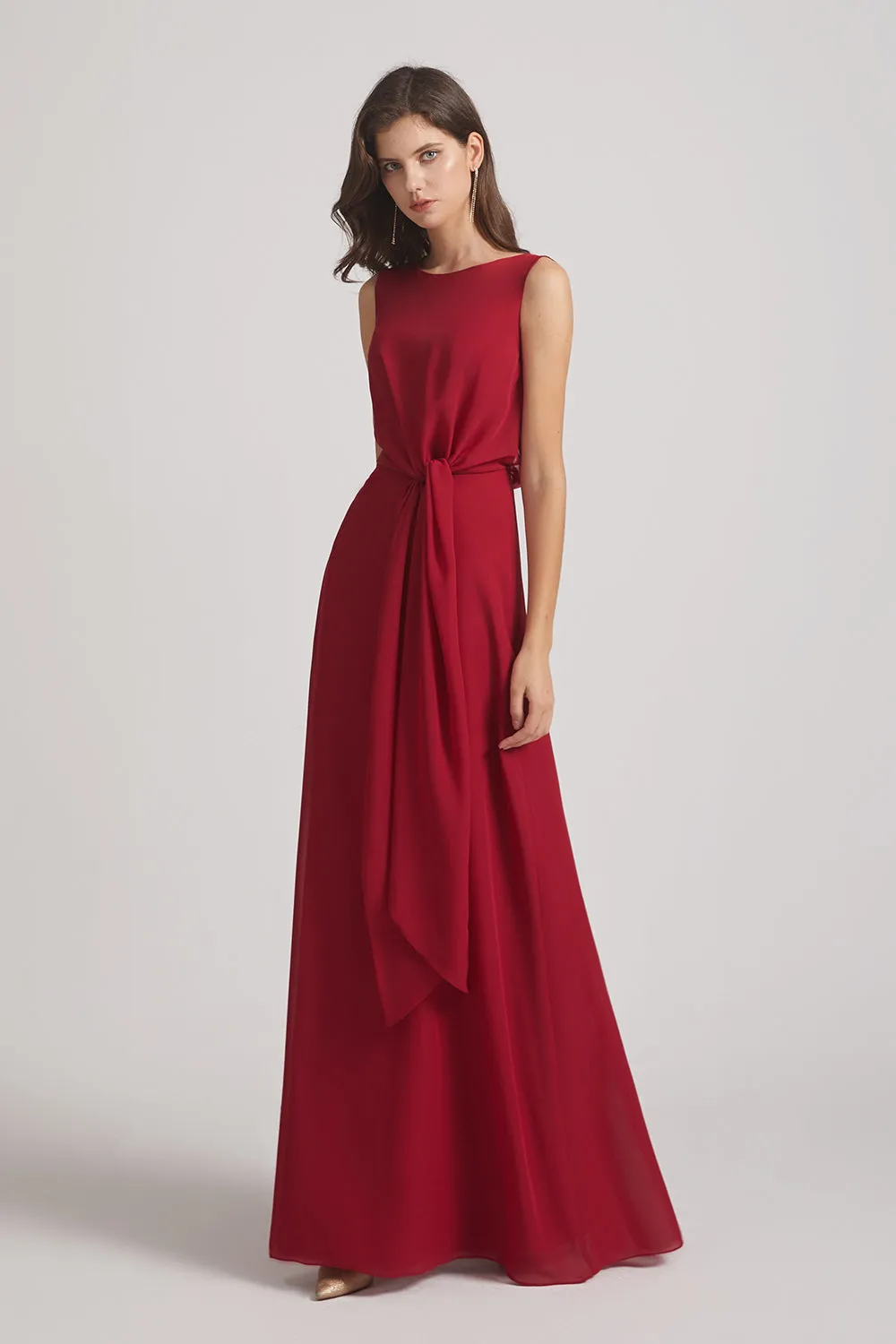 Boat Neckline Bridesmaid Dresses with Waist Tie and Back Keyhole (AF0089)