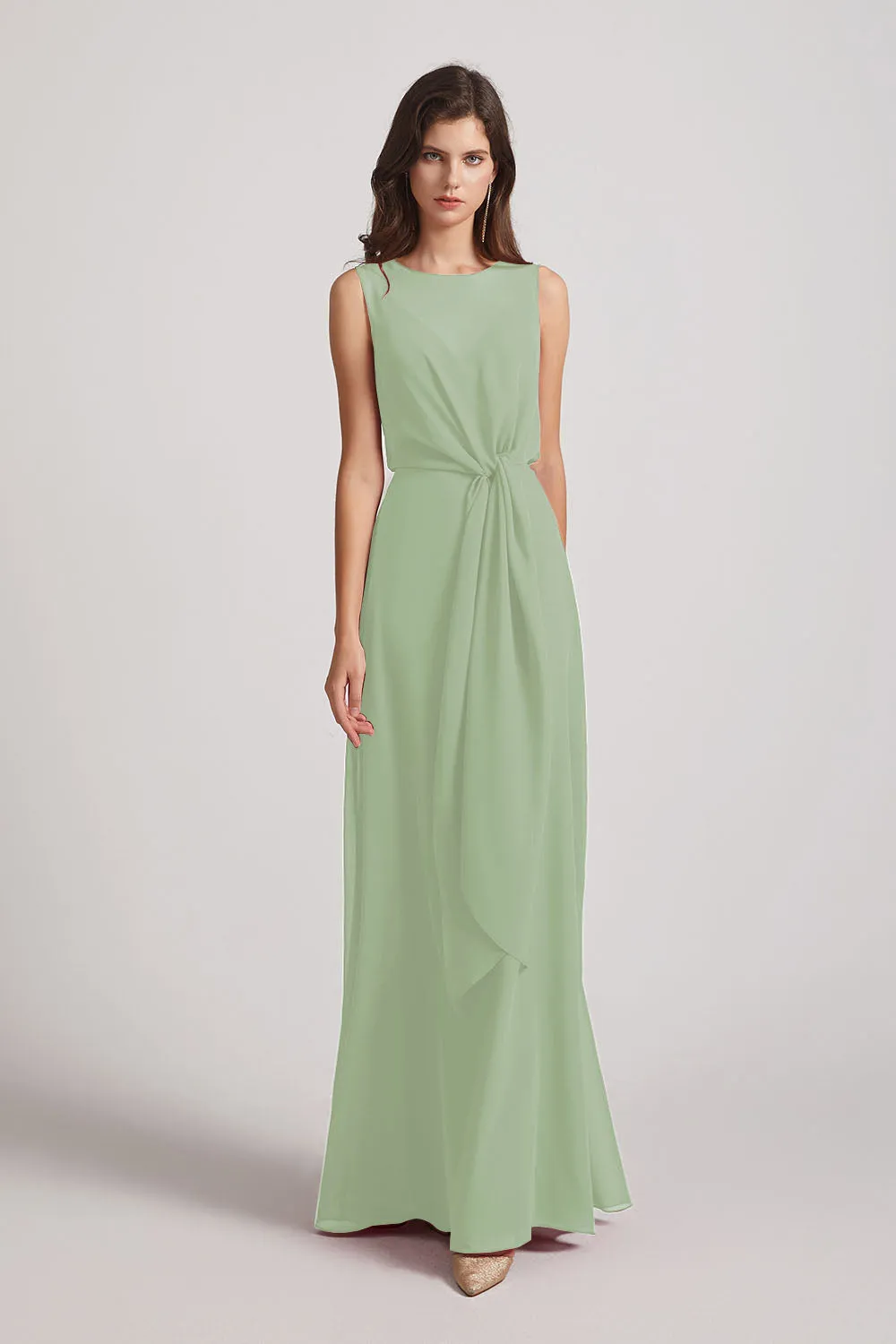 Boat Neckline Bridesmaid Dresses with Waist Tie and Back Keyhole (AF0089)