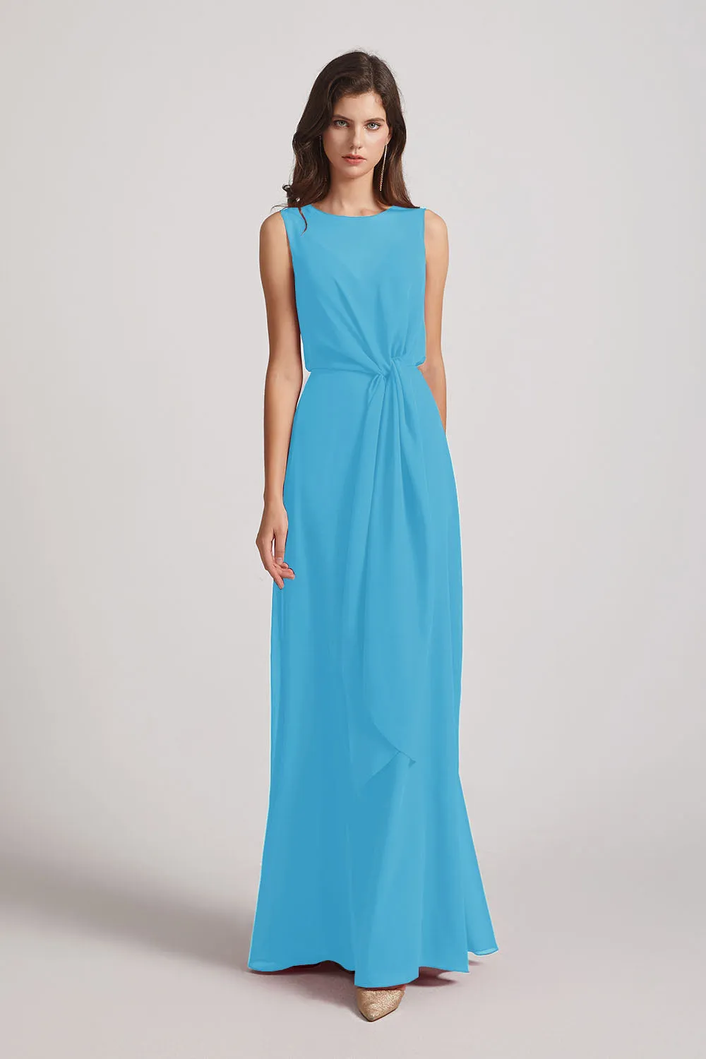 Boat Neckline Bridesmaid Dresses with Waist Tie and Back Keyhole (AF0089)