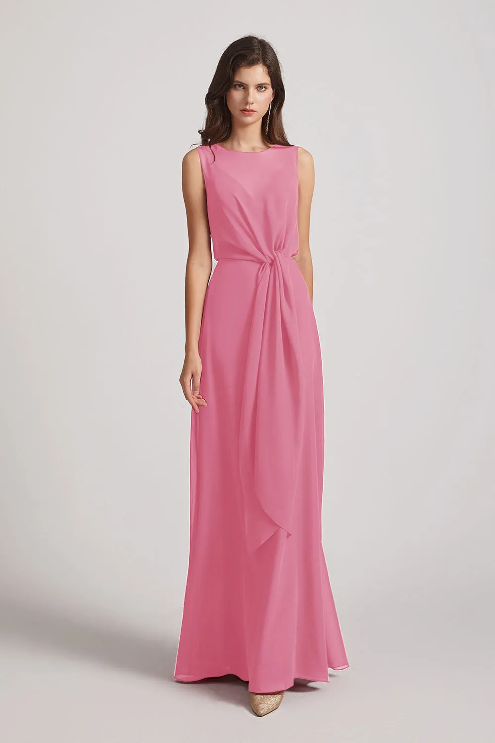 Boat Neckline Bridesmaid Dresses with Waist Tie and Back Keyhole (AF0089)