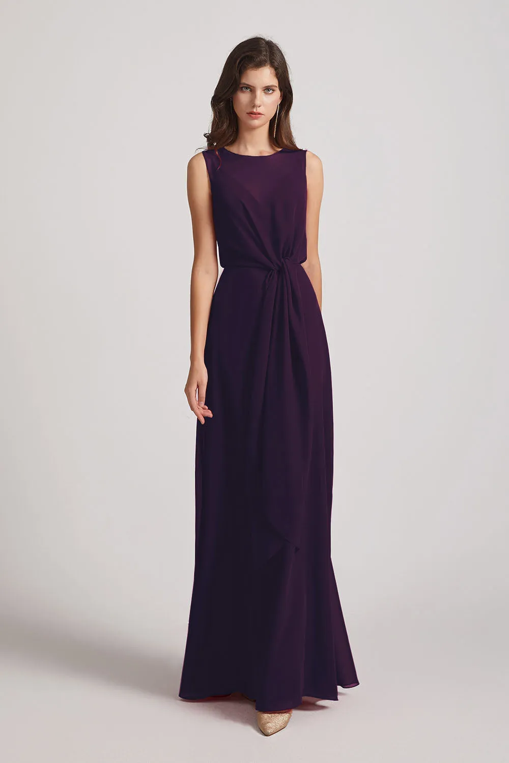 Boat Neckline Bridesmaid Dresses with Waist Tie and Back Keyhole (AF0089)