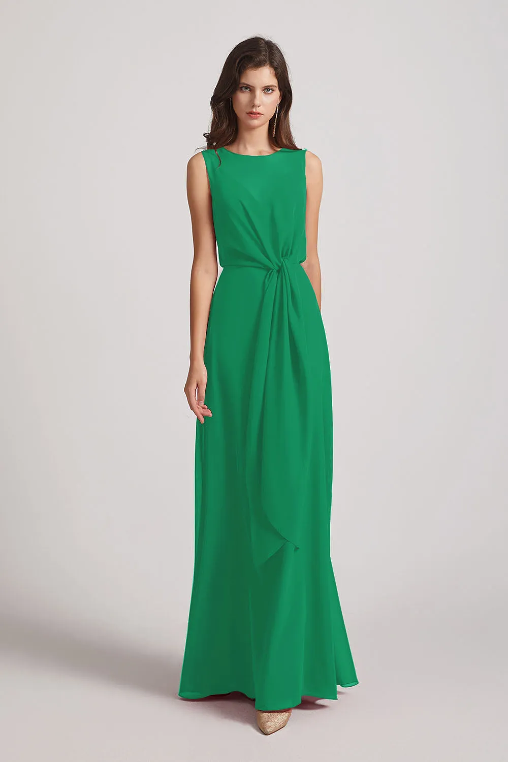 Boat Neckline Bridesmaid Dresses with Waist Tie and Back Keyhole (AF0089)