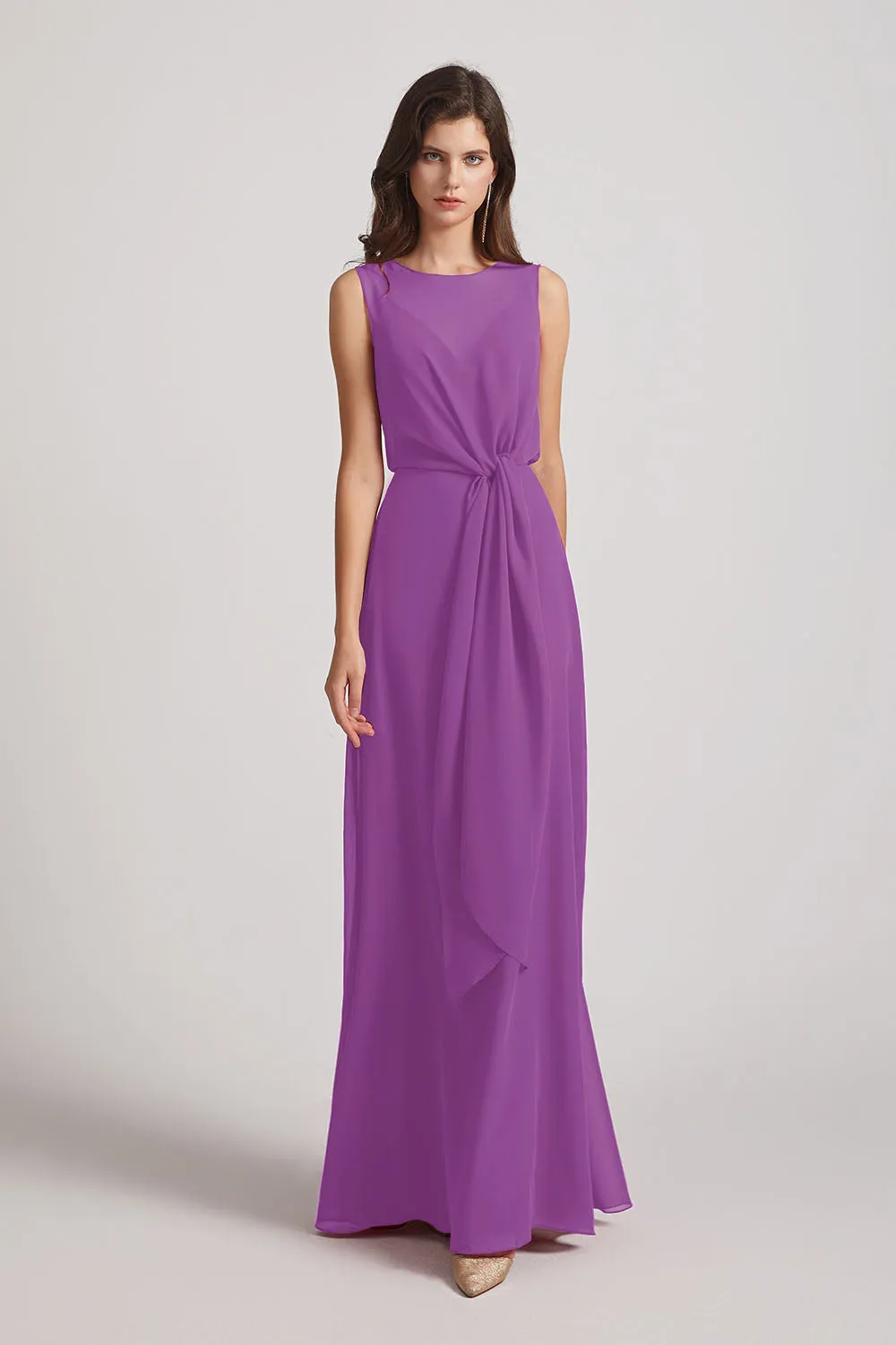 Boat Neckline Bridesmaid Dresses with Waist Tie and Back Keyhole (AF0089)