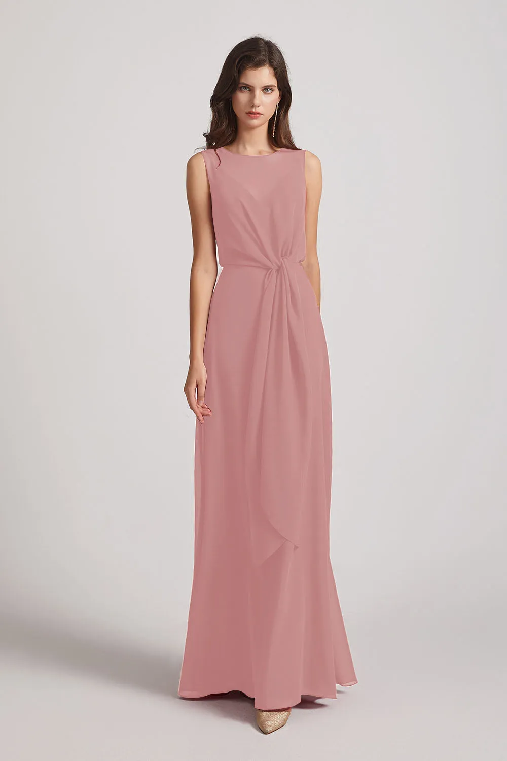 Boat Neckline Bridesmaid Dresses with Waist Tie and Back Keyhole (AF0089)