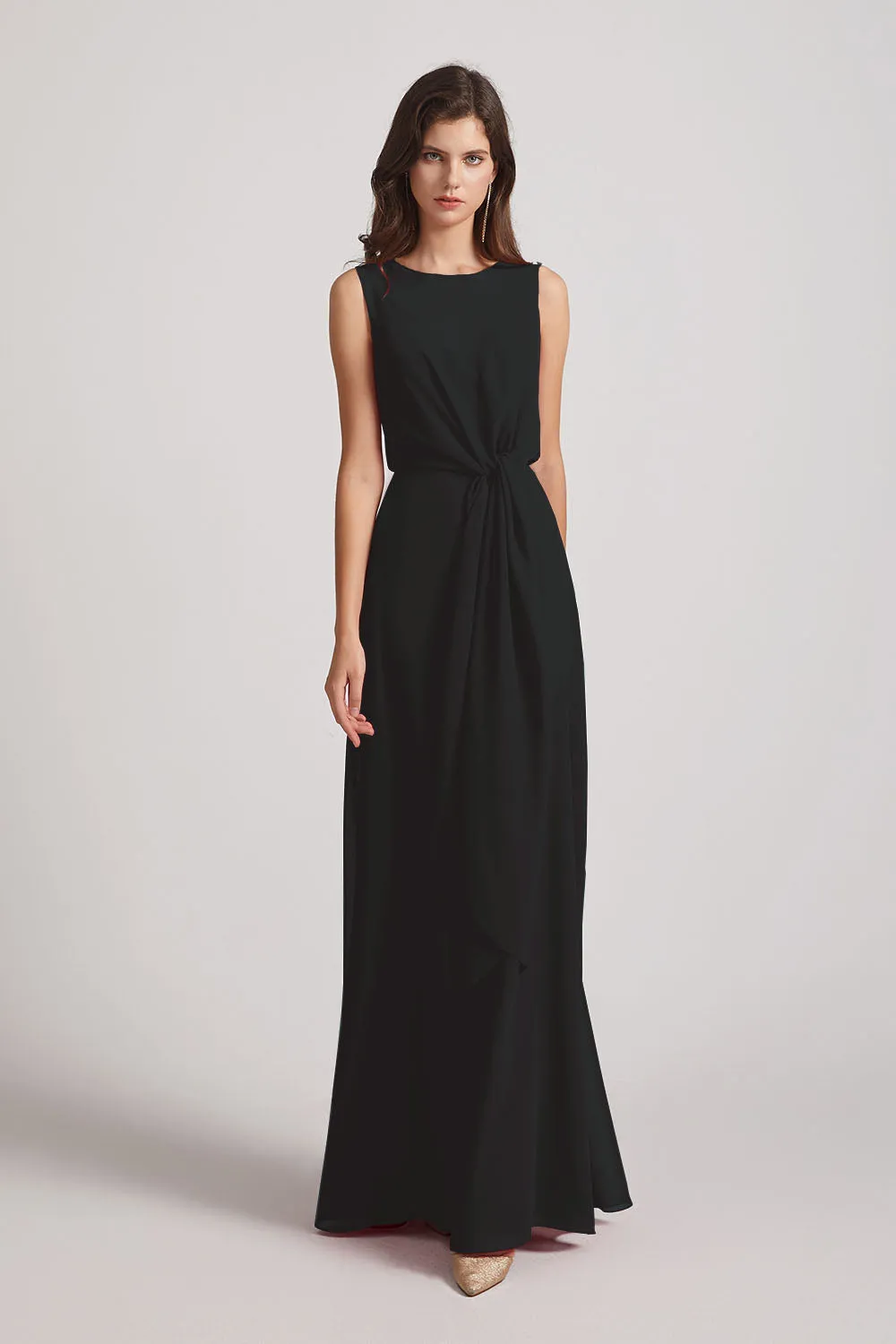 Boat Neckline Bridesmaid Dresses with Waist Tie and Back Keyhole (AF0089)