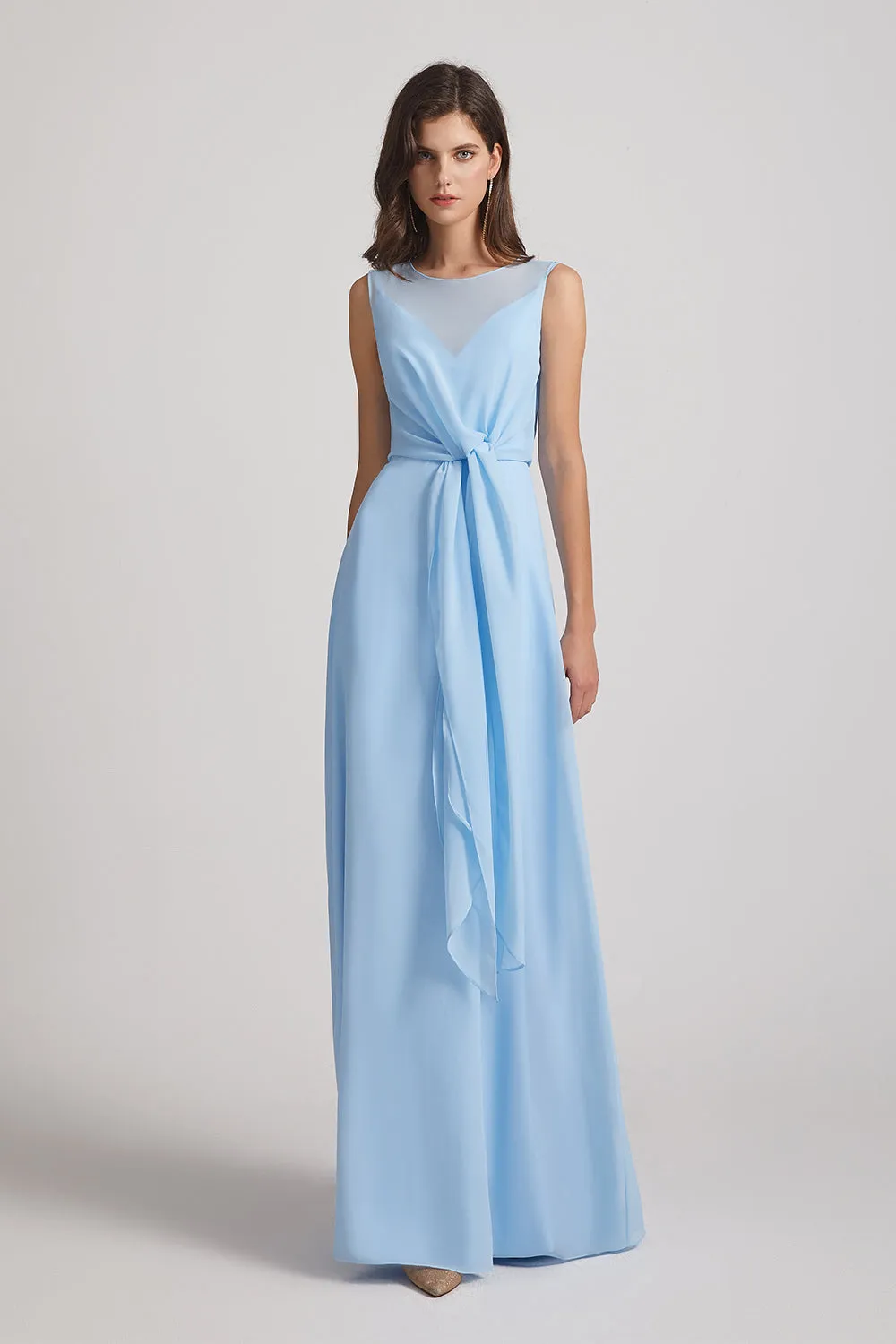 Boat Neckline Bridesmaid Dresses with Waist Tie and Back Keyhole (AF0089)