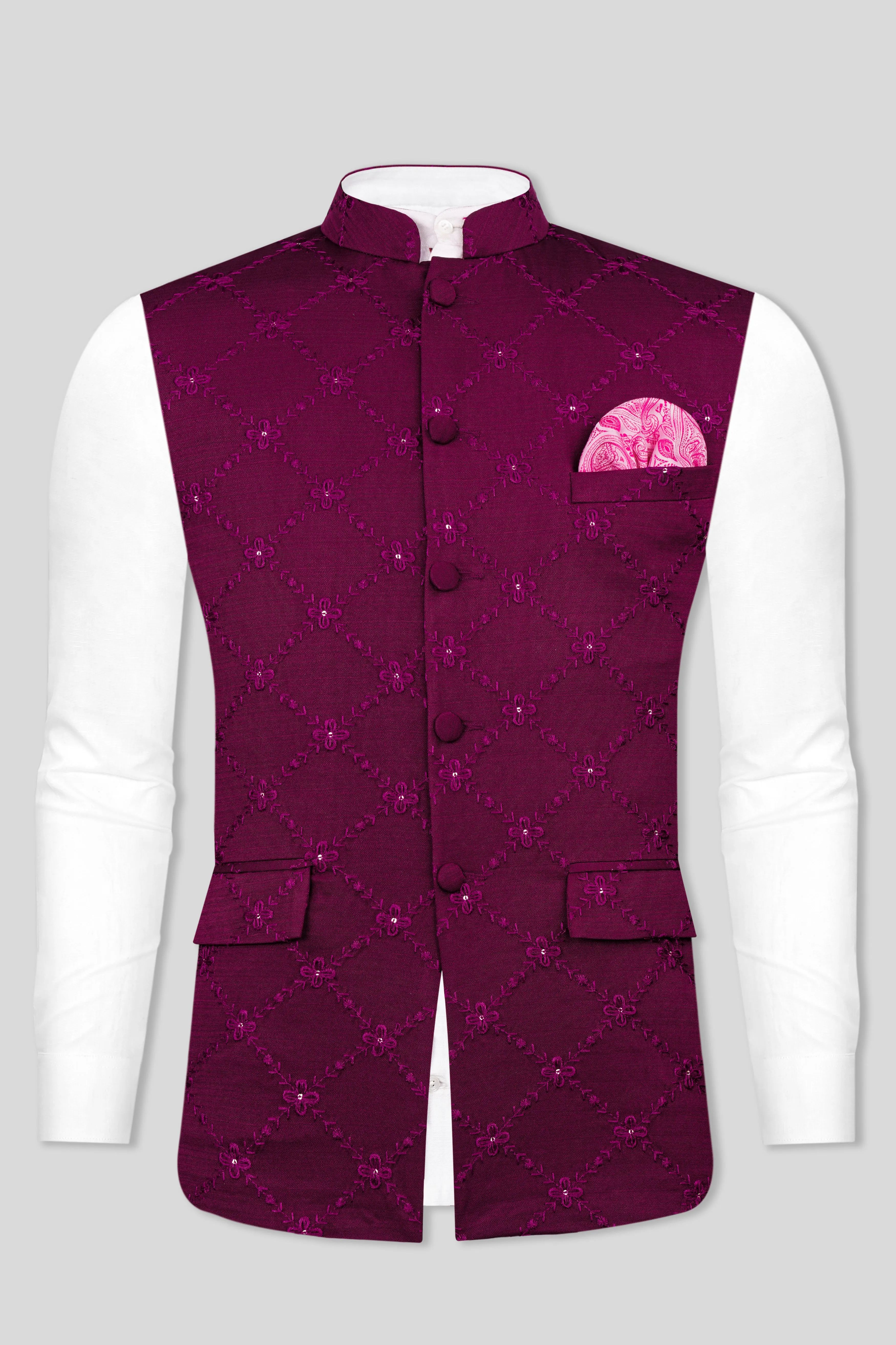 Bordeaux Wine Viscose Embroidered With Tikki Work Designer Nehru Jacket