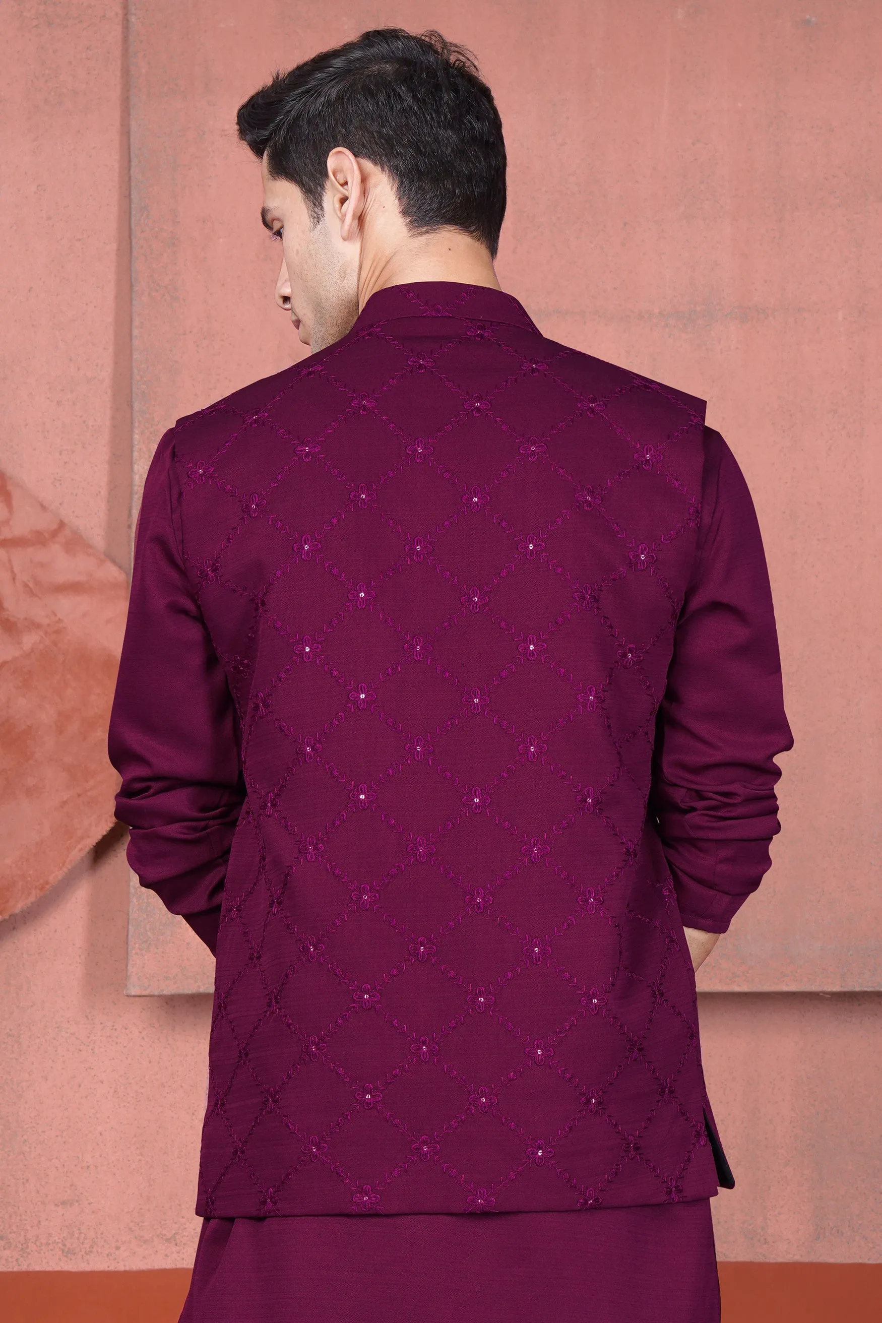 Bordeaux Wine Viscose Embroidered With Tikki Work Designer Nehru Jacket